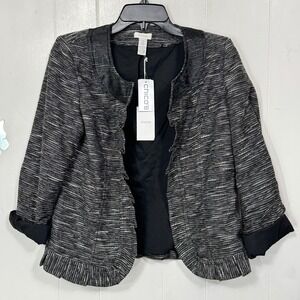 Chico's Romantic Ruffle Regie Jacket Blazer Black Optic White Size 0 (Small) NEW